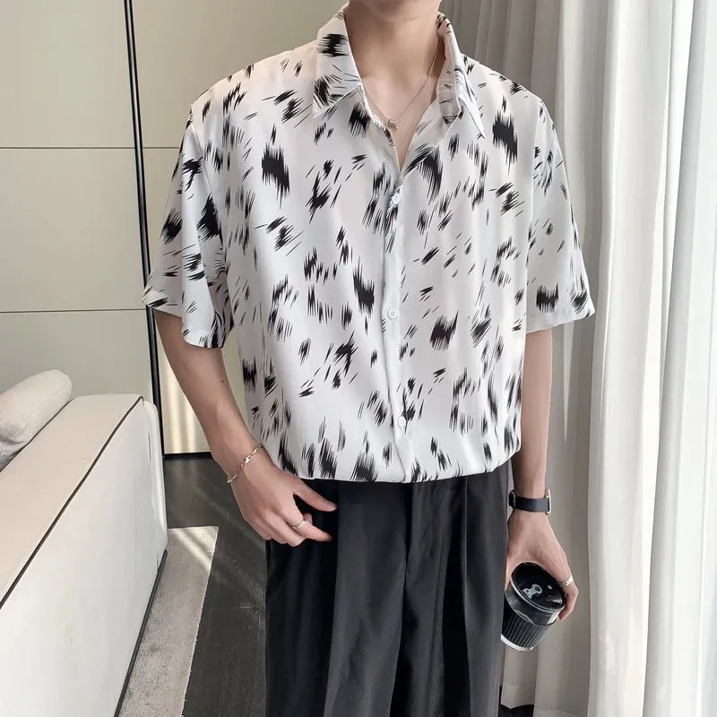 Wiaofellas  -  Summer Loose Print Shirt for Men Korean Fashion Hip Hop Thin Ice Silk Short Sleeve Beach Tops Shirts Male Streetwear Blouse