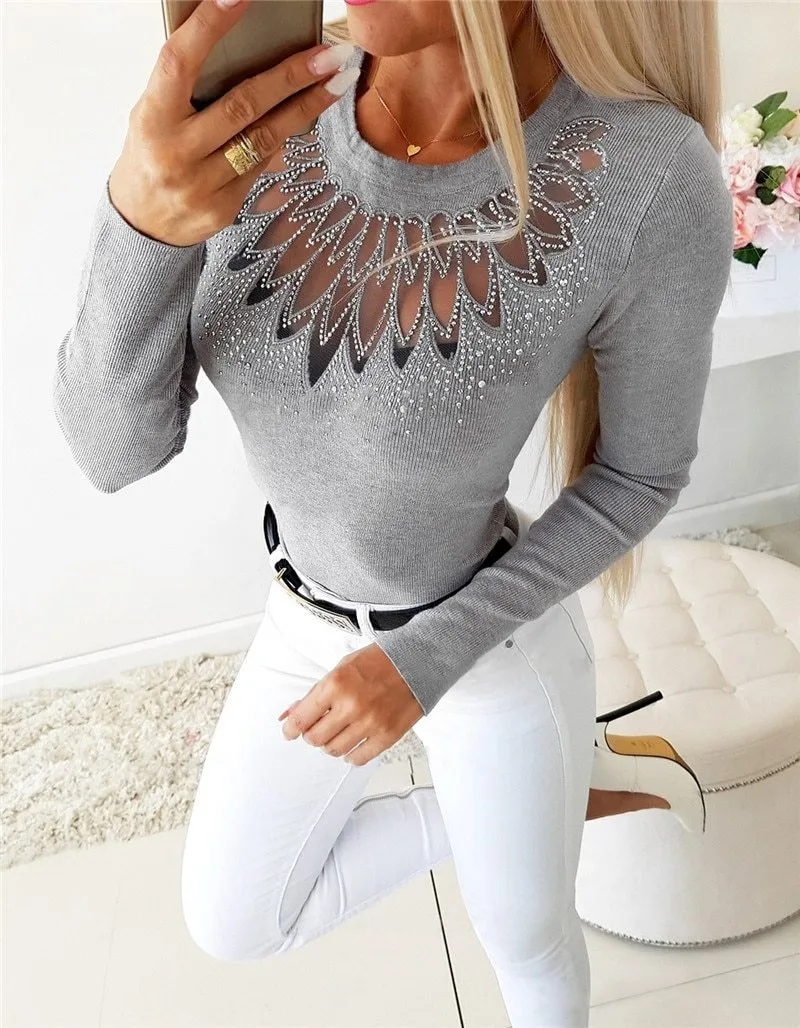 Women Elegant Slim Cut Patchwork Hollow Out Rhinestone Design Tops