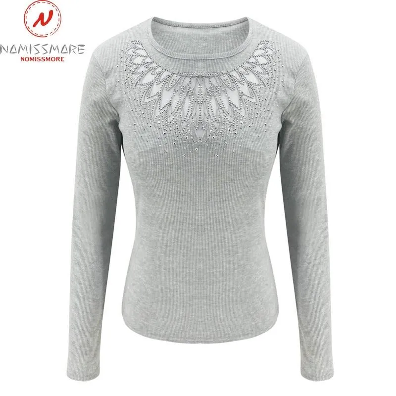 Women Elegant Slim Cut Patchwork Hollow Out Rhinestone Design Tops