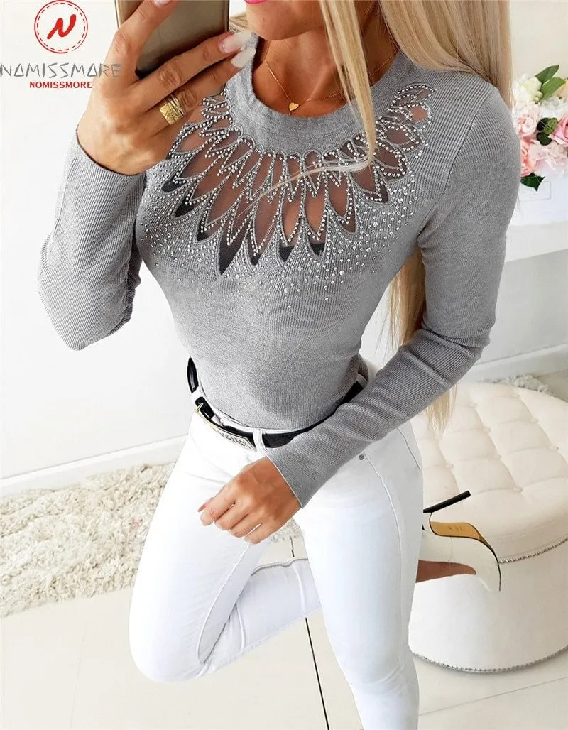 Women Elegant Slim Cut Patchwork Hollow Out Rhinestone Design Tops