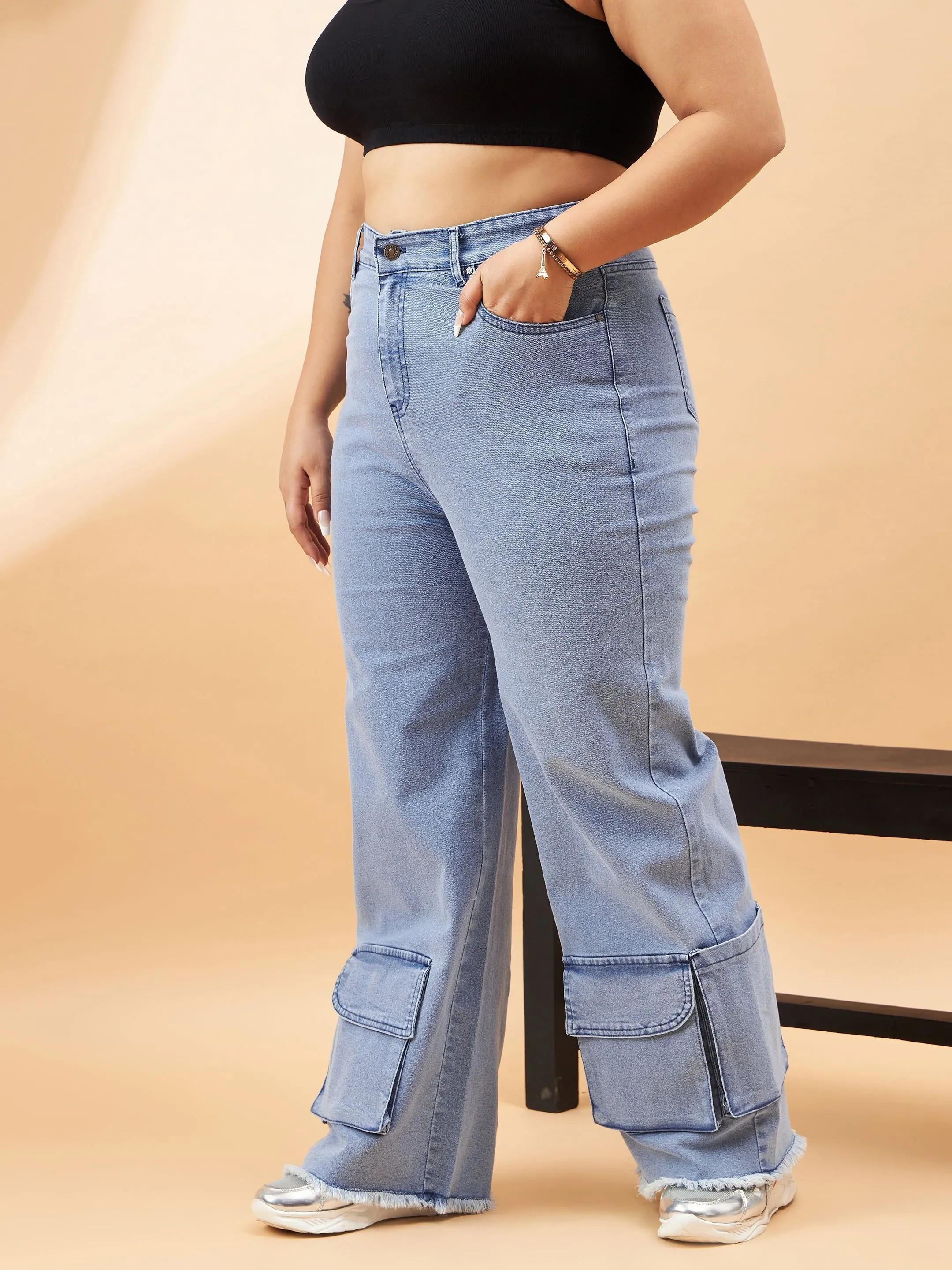 Women Ice Blue Hem Pockets Straight Jeans