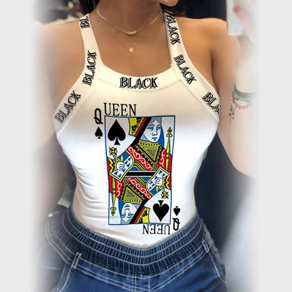 Women Poker Spades Print  Sleeveless Backless Bowknot Design Tank Tops