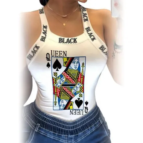 Women Poker Spades Print  Sleeveless Backless Bowknot Design Tank Tops