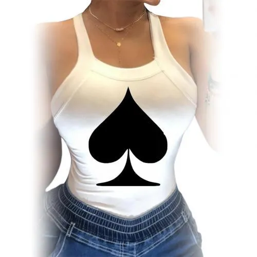 Women Poker Spades Print  Sleeveless Backless Bowknot Design Tank Tops