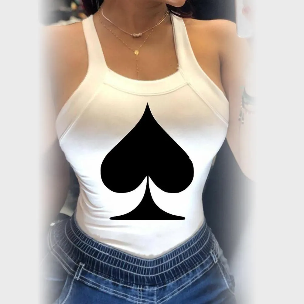 Women Poker Spades Print  Sleeveless Backless Bowknot Design Tank Tops