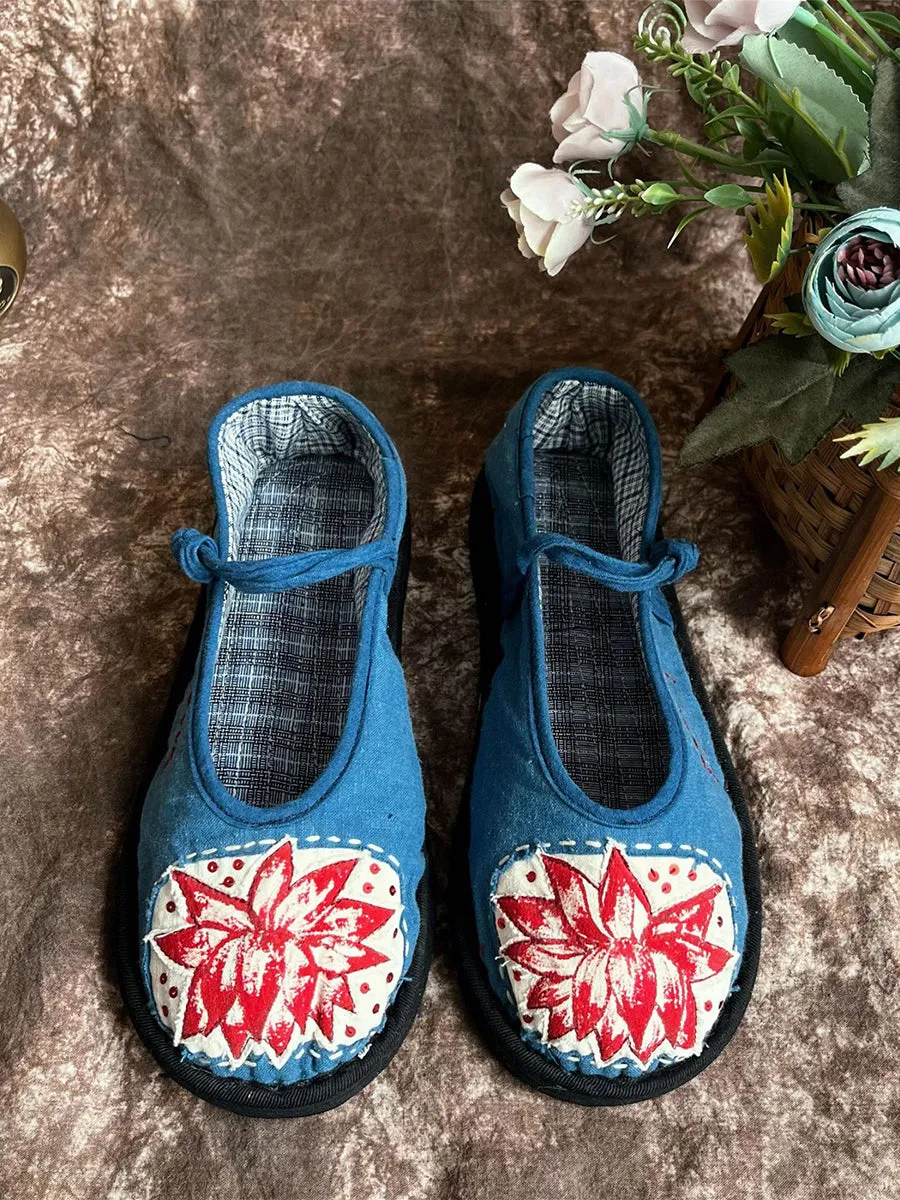 Women Summer Ethnic Lotus Print Cloth Shoes