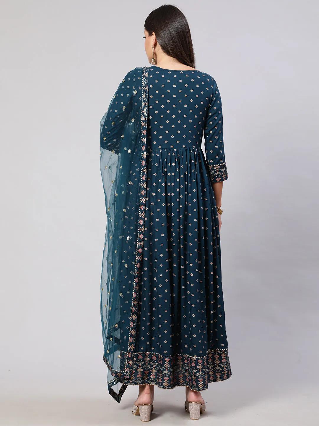 Women Teal Floral Printed Flared Dress With Scalloped Dupatta