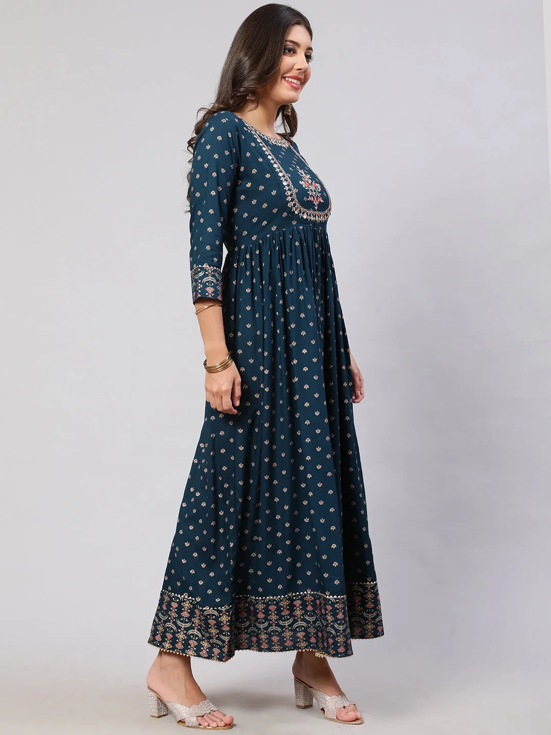 Women Teal Floral Printed Flared Dress With Scalloped Dupatta