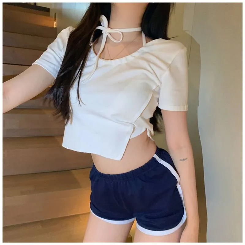 Women's T-Shirts Cropped Irregular Solid Spandex Short Sleeve Tee