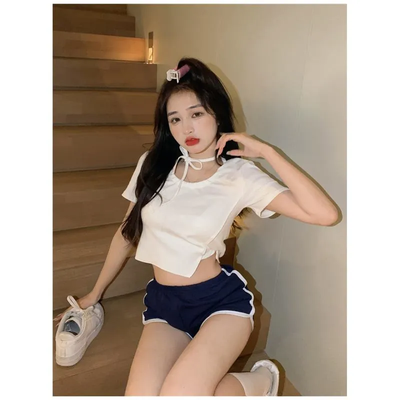 Women's T-Shirts Cropped Irregular Solid Spandex Short Sleeve Tee