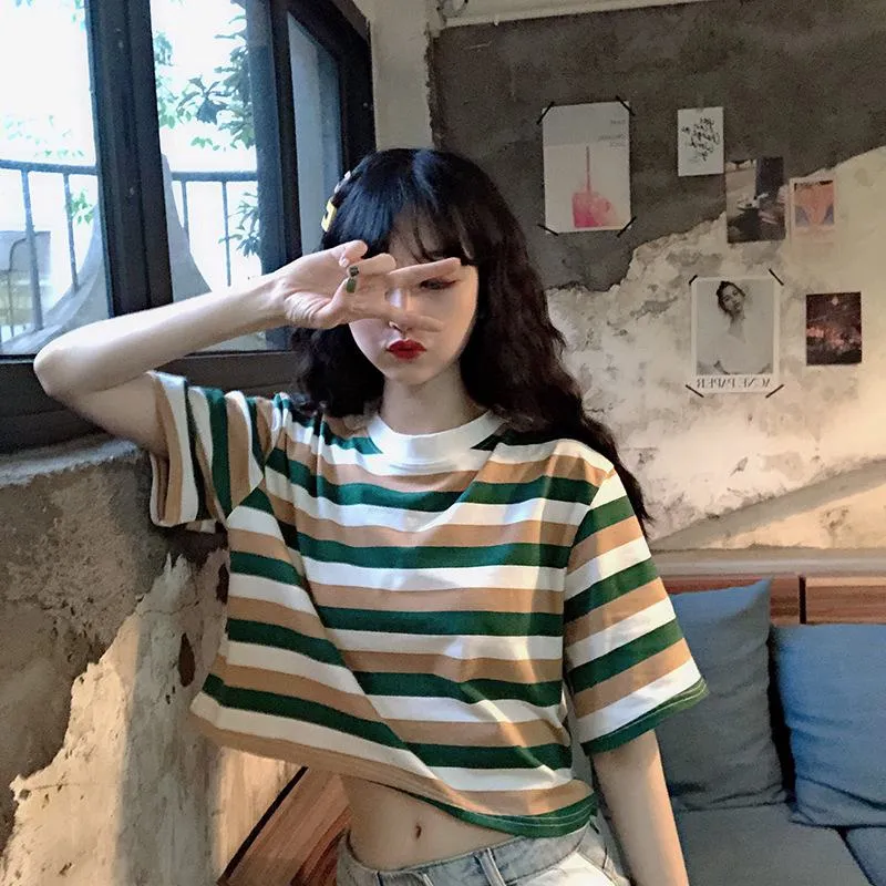 Women's T-Shirts Cropped Navel-Baring Stripe Short Sleeve Tee