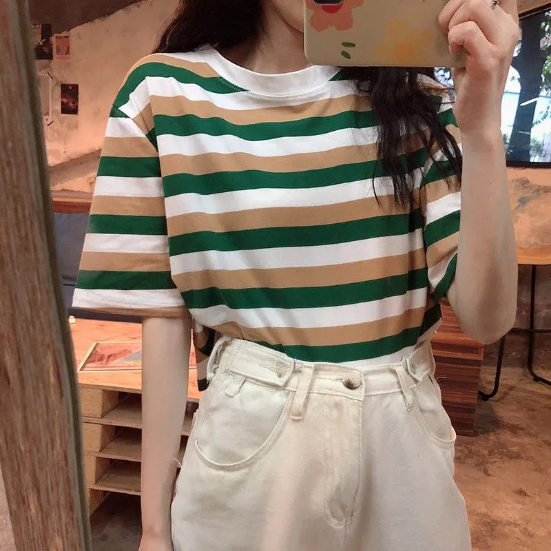 Women's T-Shirts Cropped Navel-Baring Stripe Short Sleeve Tee