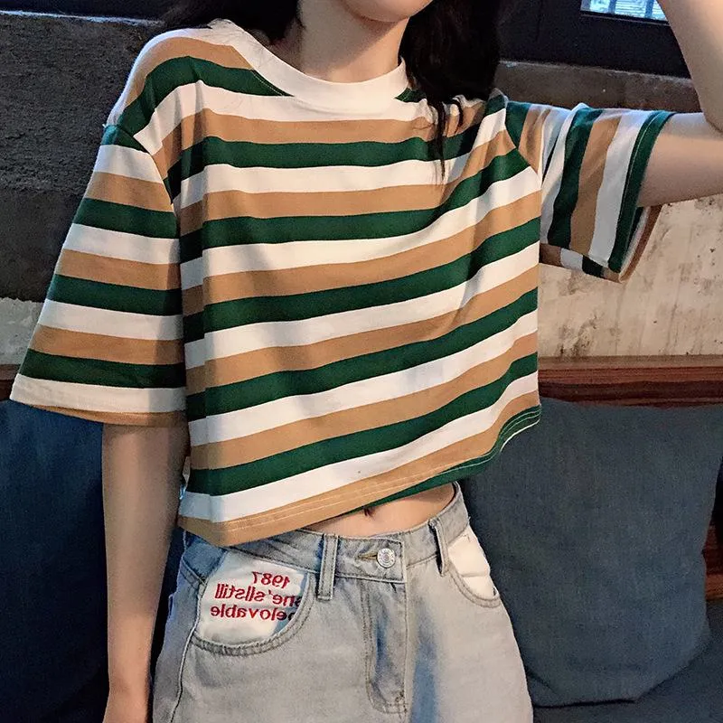 Women's T-Shirts Cropped Navel-Baring Stripe Short Sleeve Tee