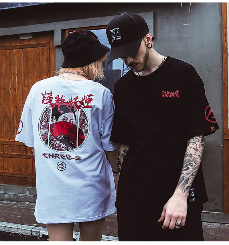 Yakuza Woman Fan Printed Hip Hop Streetwear Loose Tees